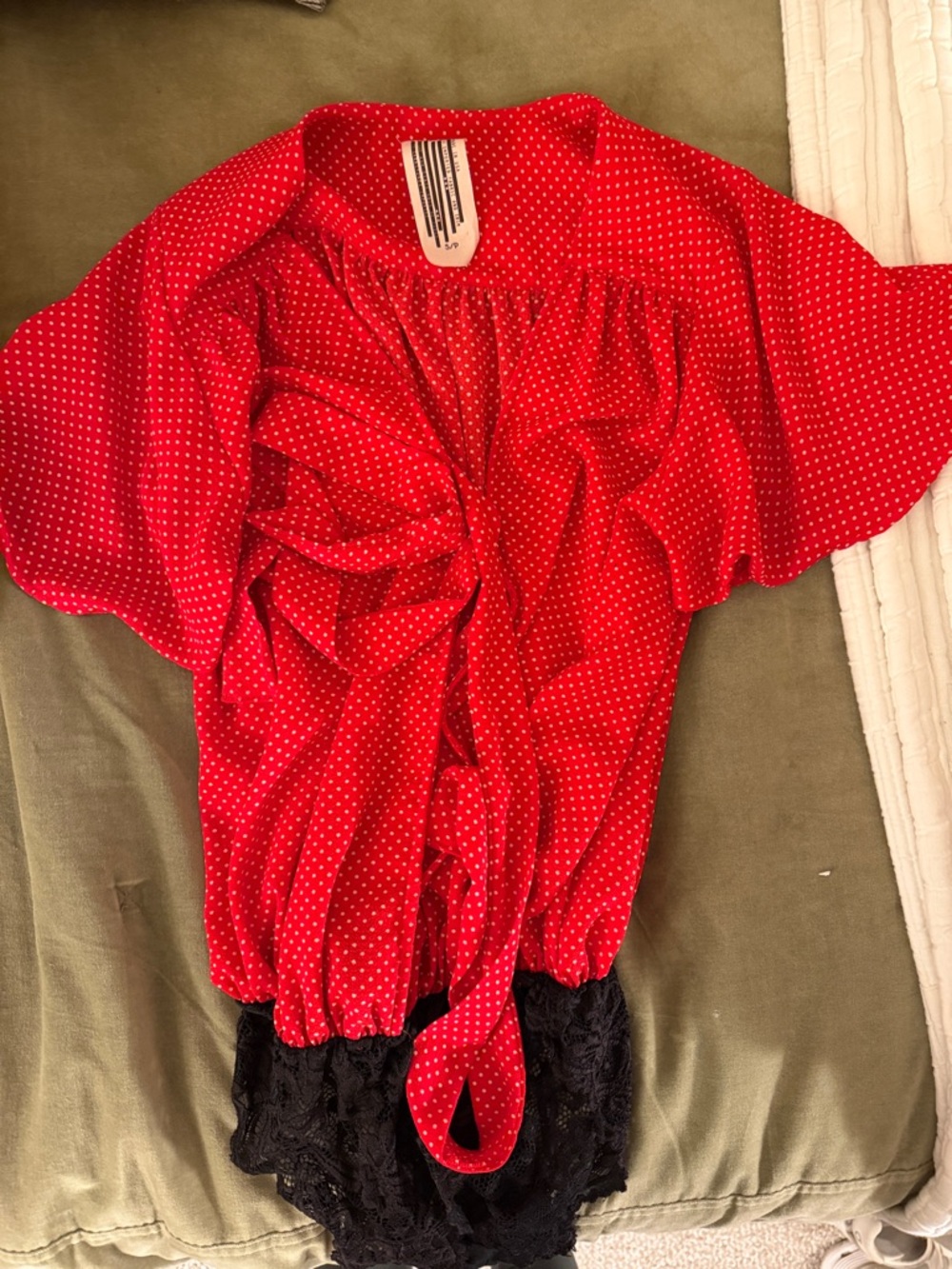 Free People Polka Dot Tie-Front Top with Black Lace Hem